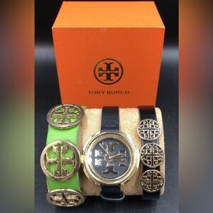 Tory Burch Watch and Black and Green Leather Bracelet Trio